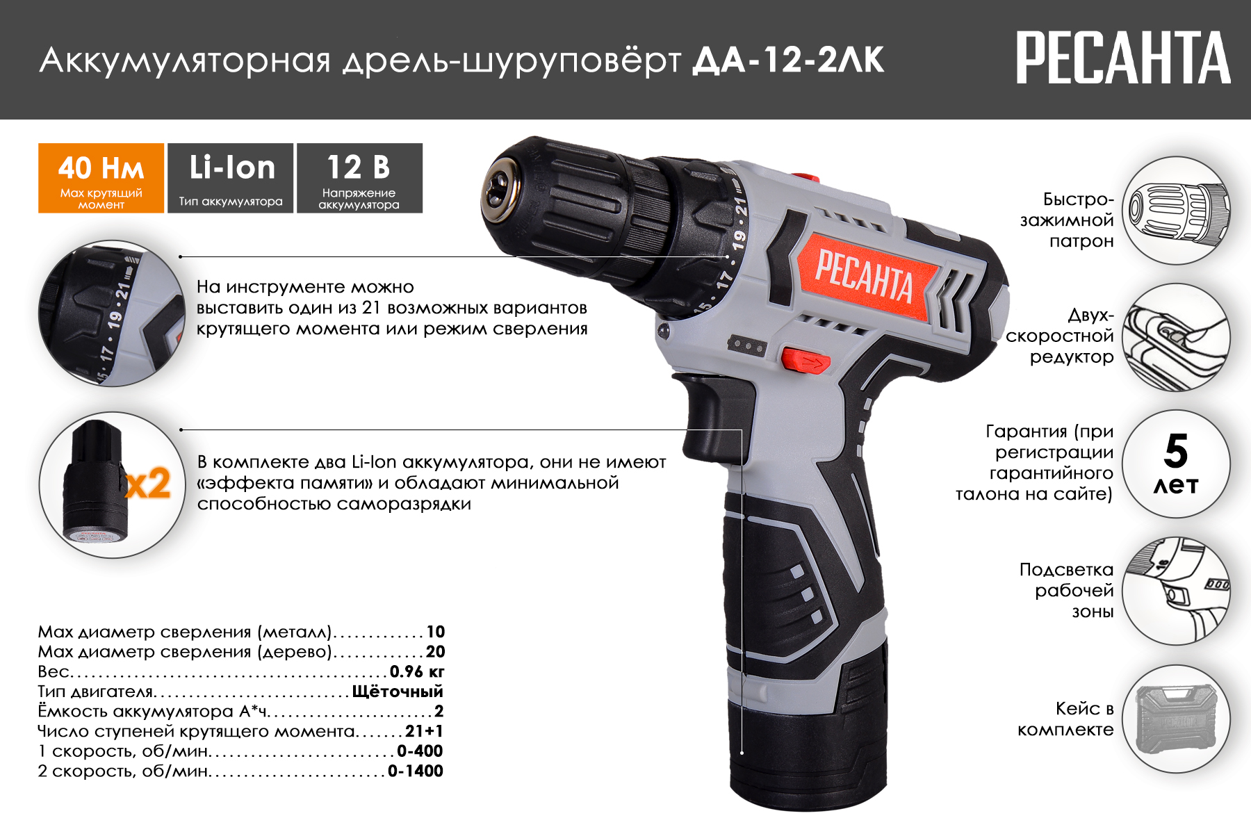 Аккумуляторная дрель-шуруповерт Ресанта ДА-12-2ЛК