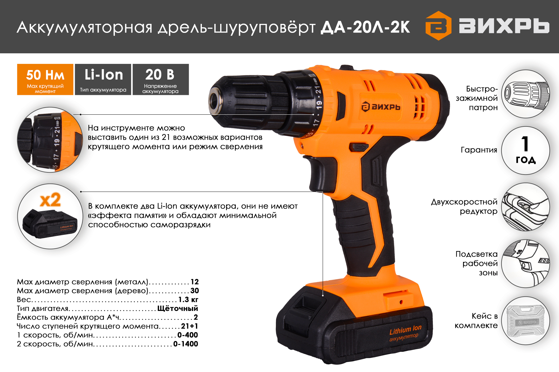 Дрель-шуруповерт Вихрь ДА-20Л-2К
