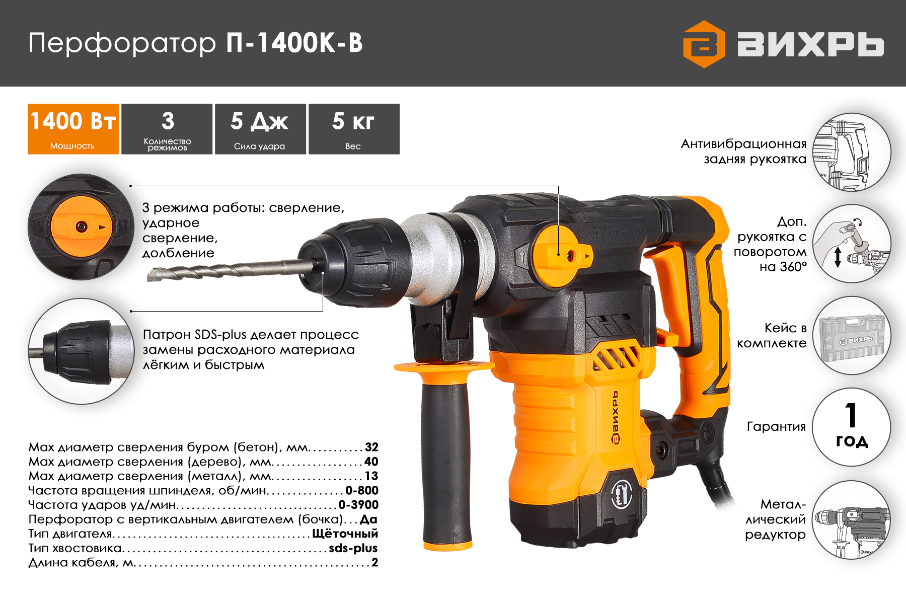 Перфоратор ВИХРЬ П-1400К-В